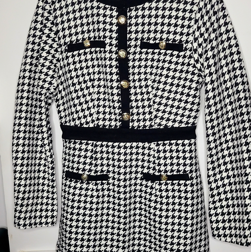 Button Front Zip Back Houndstooth Tweed Dress